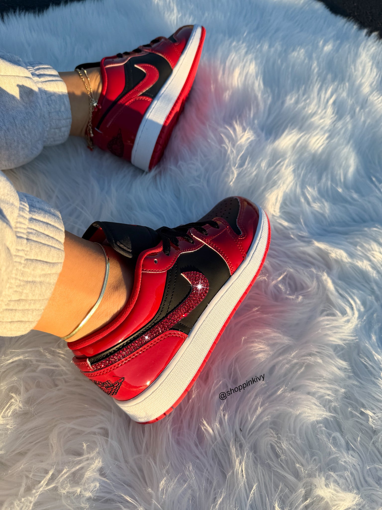 ✨NEW✨Patent🍒Cherry Red Swarovski Women’s Air Jordan 1 Low Shoes