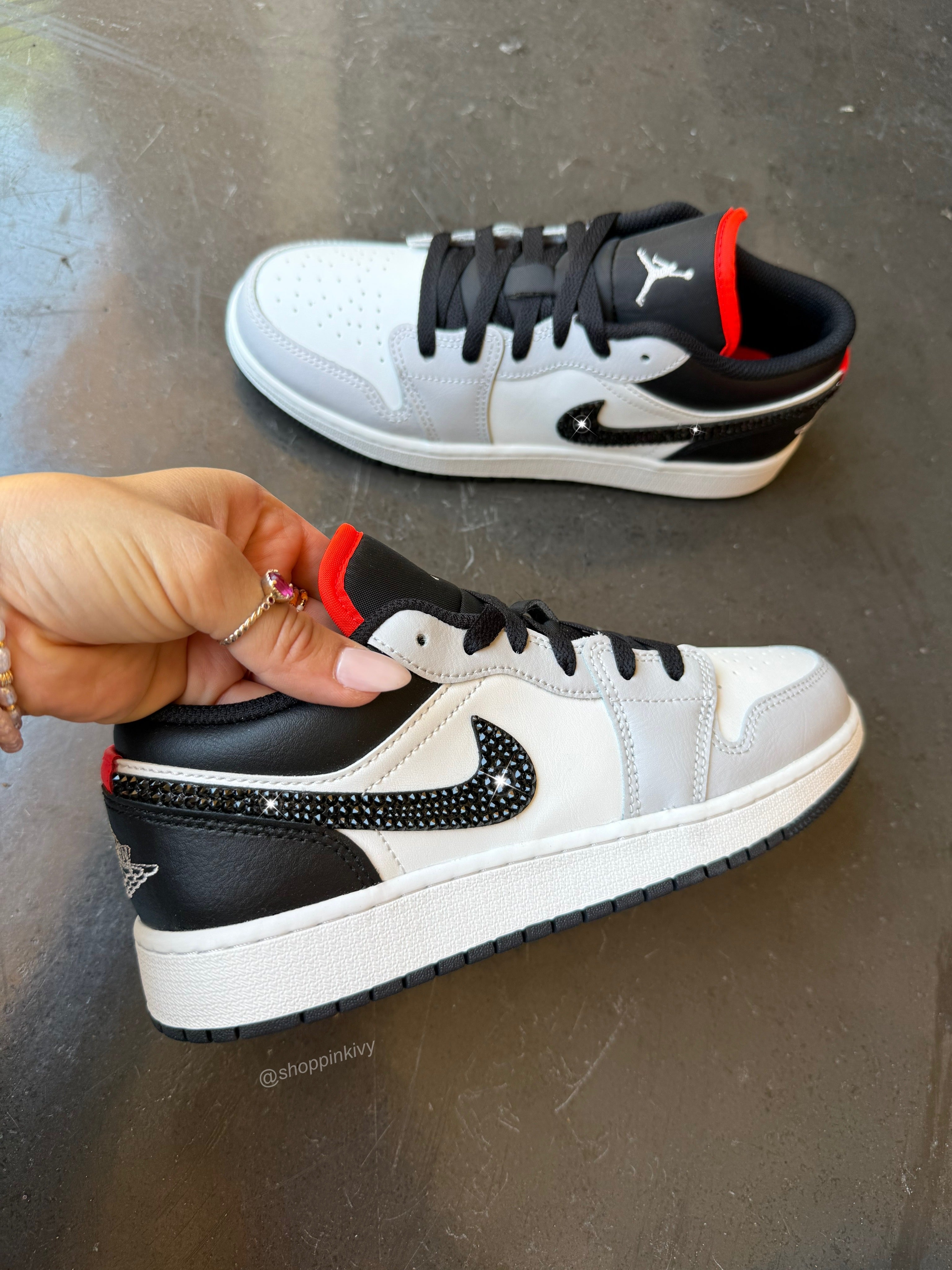 White Black Gray Swarovski Women’s Air Jordan 1 Low Shoes