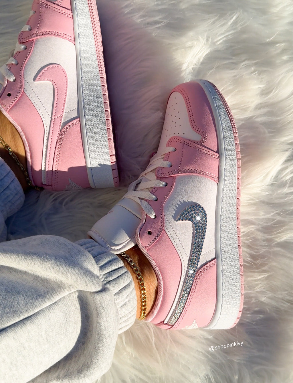 Ballet Pink and White Swarovski Women’s Air Jordan 1 Low Shoes