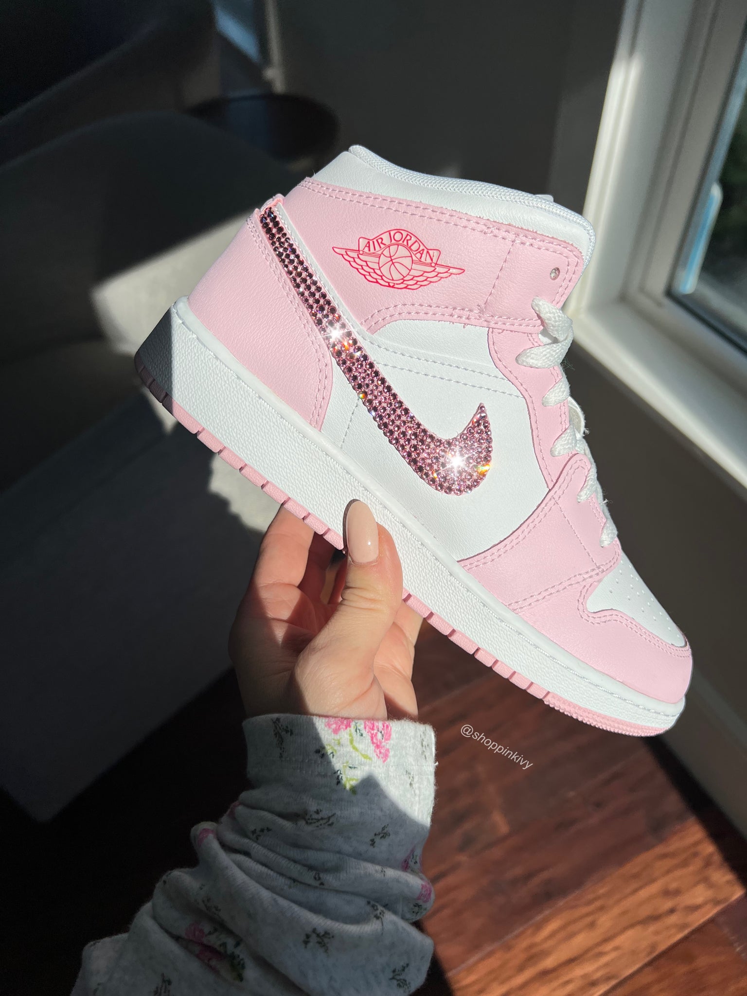 2025 Pink Swarovski Women’s Air Jordan 1 Mid Shoes