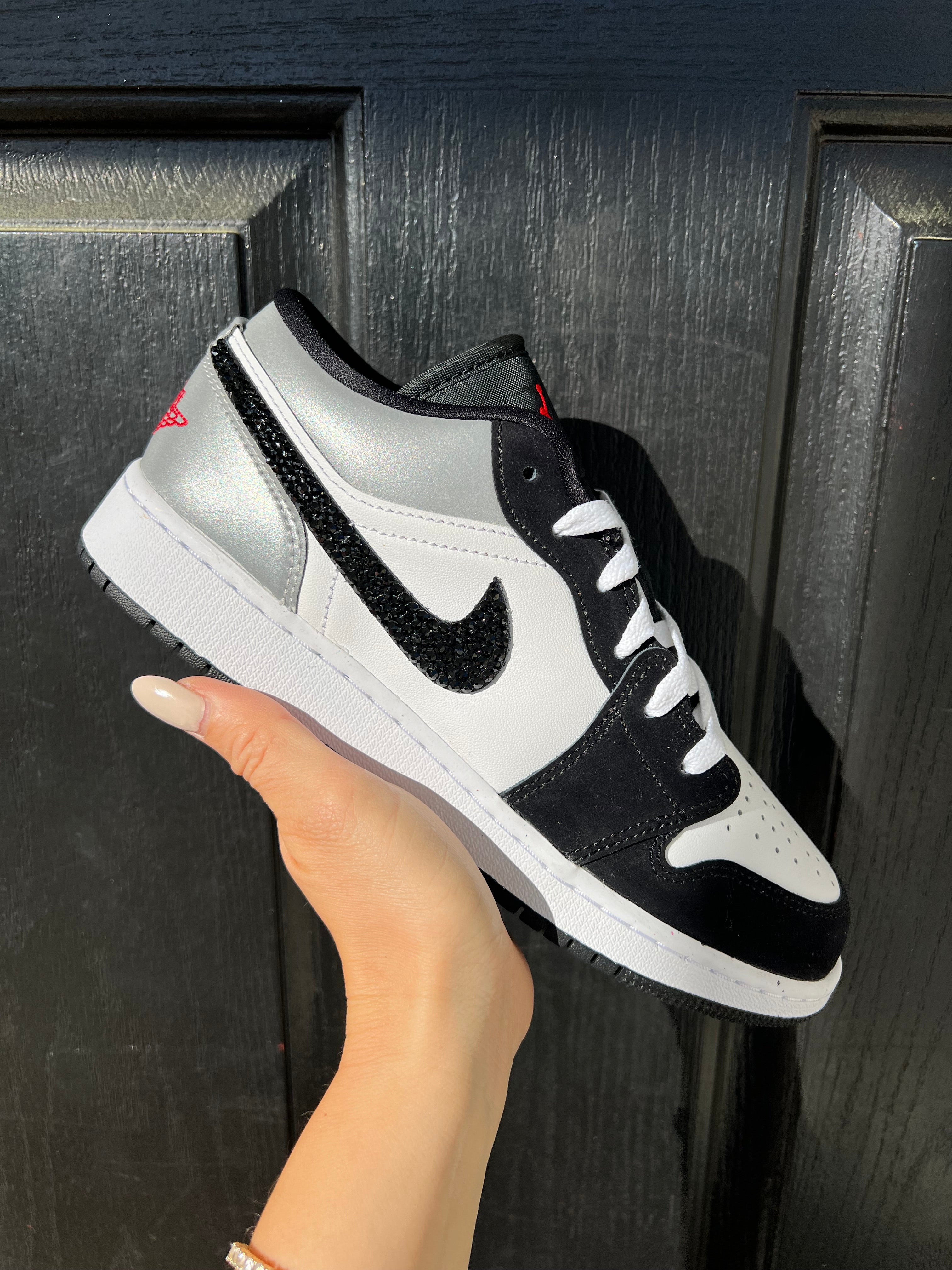 White Black Metallic Swarovski Women’s Air Jordan 1 Low Shoes