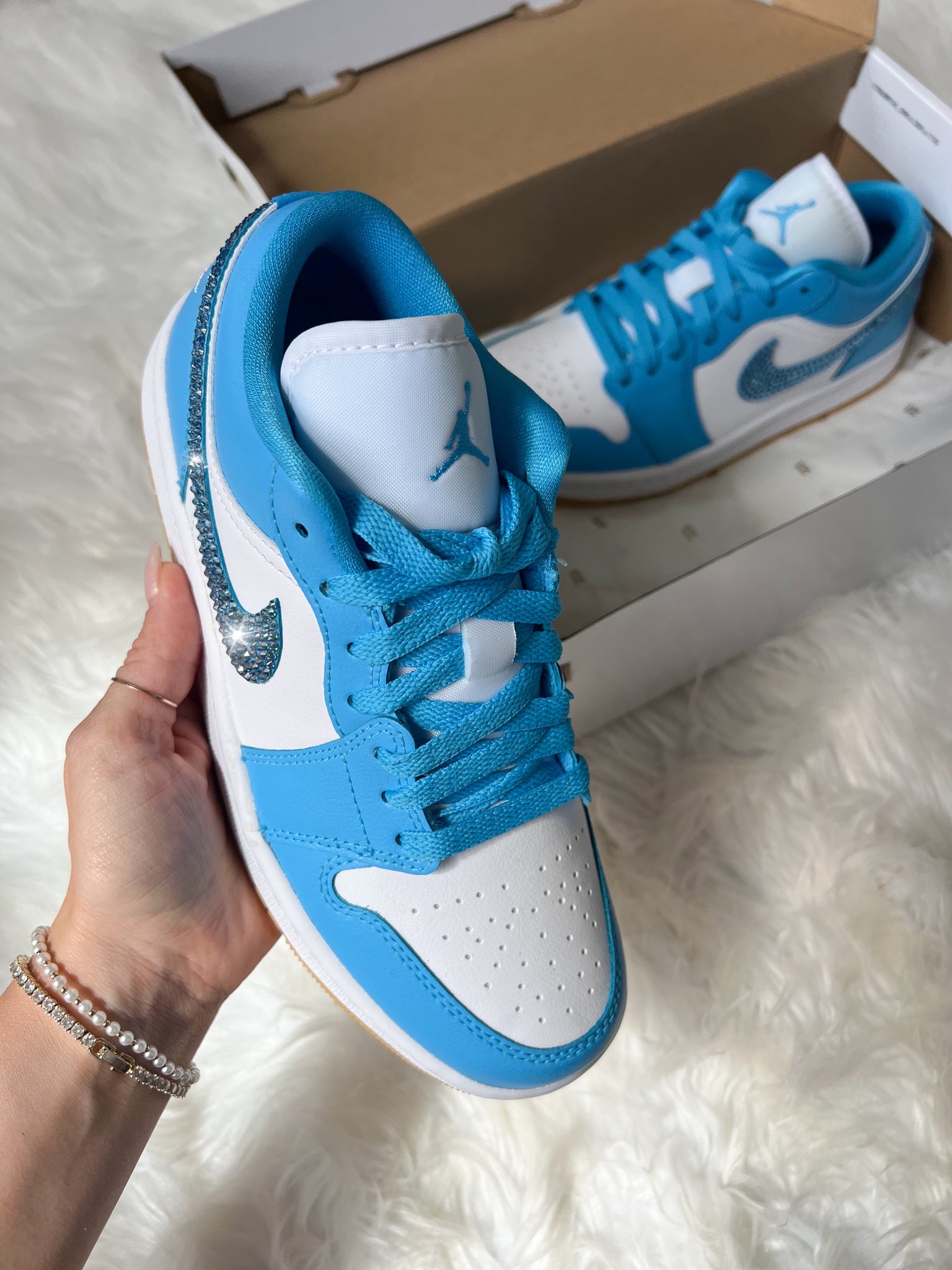 Bright Blue Swarovski Women’s Air Jordan Retro 1 Low Shoes