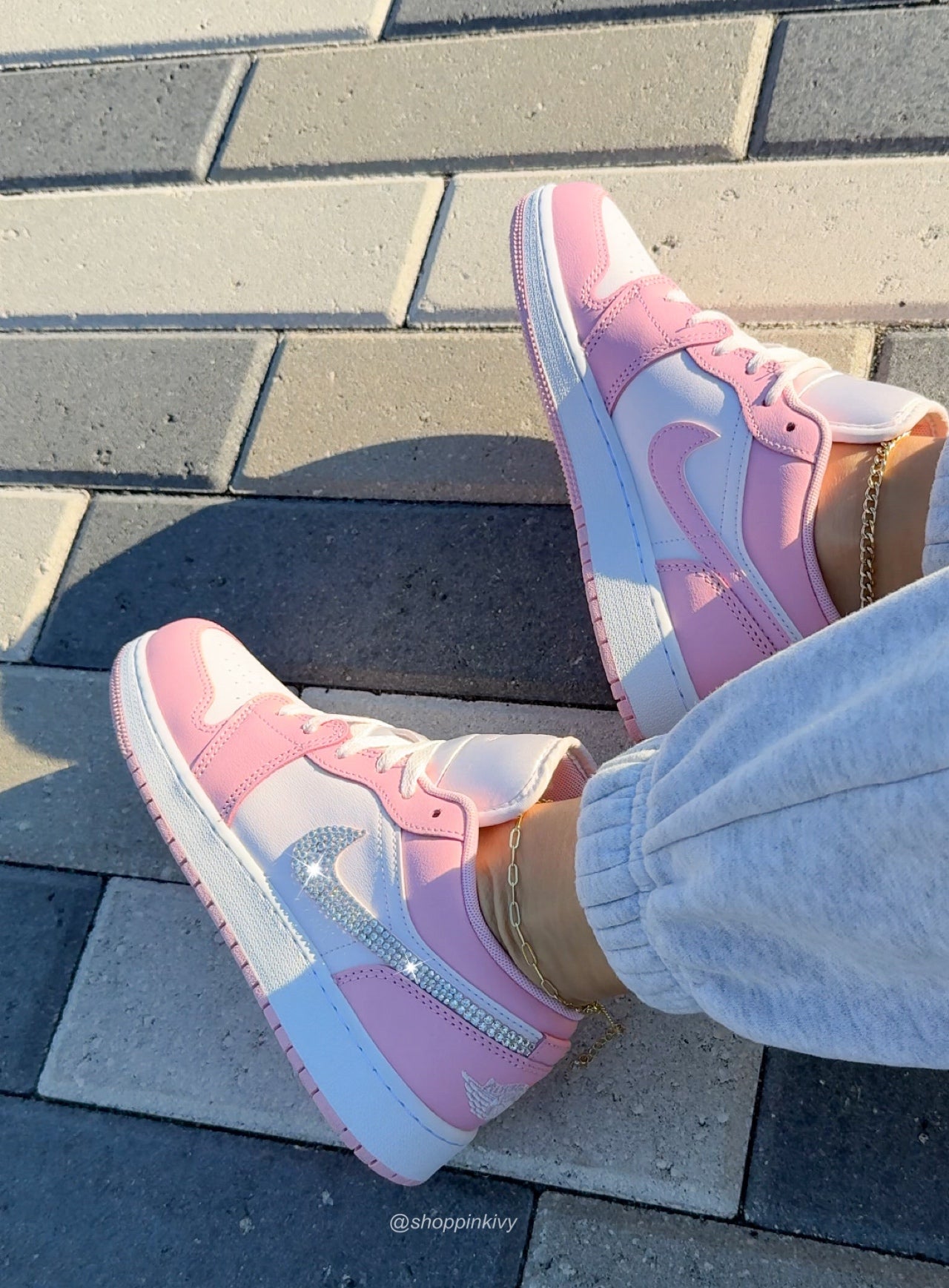 Ballet Pink and White Swarovski Women’s Air Jordan 1 Low Shoes
