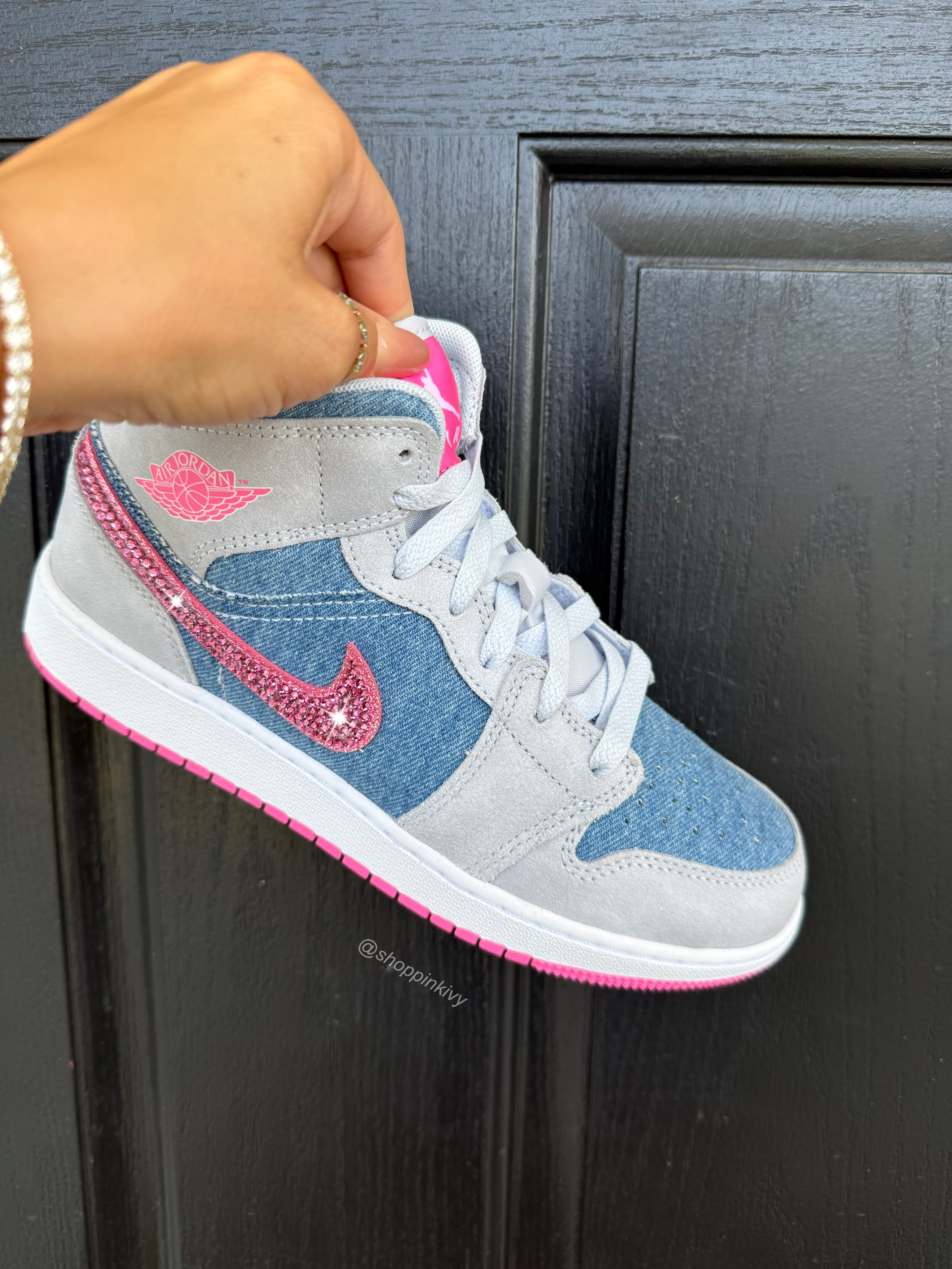 Barbie Pink Denim Swarovski Women’s Air Jordan 1 Mid Shoes