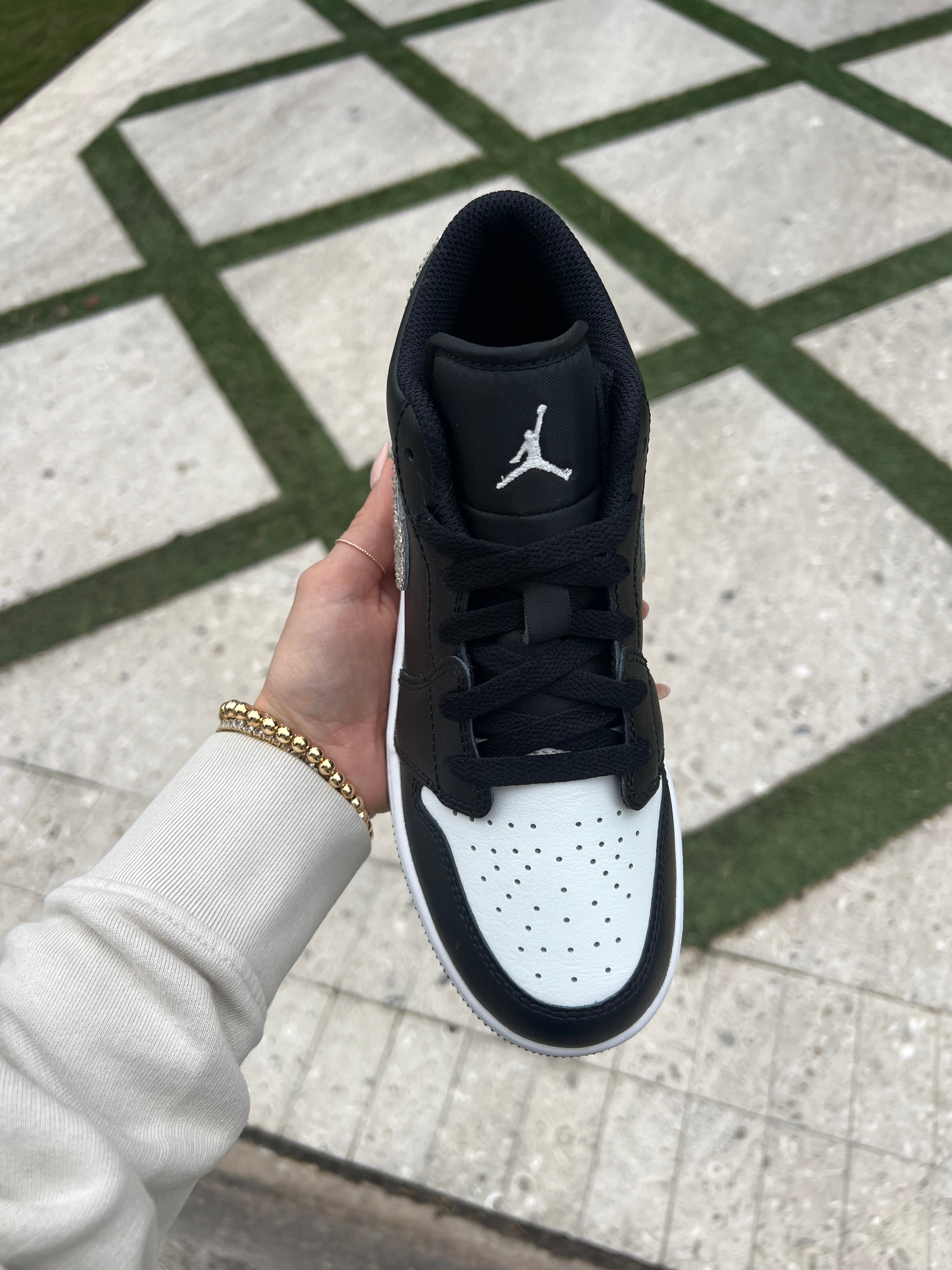 White and Black Swarovski Women’s Air Jordan 1 Low Shoes