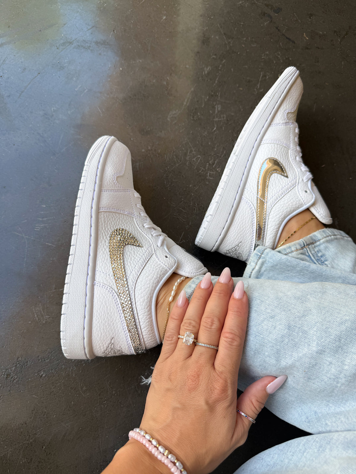 White Metallic Swarovski Women’s Air Jordan 1 Low Shoes