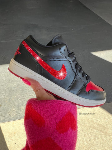 Black Red Swarovski Women’s Air Jordan Retro 1 Low Shoes