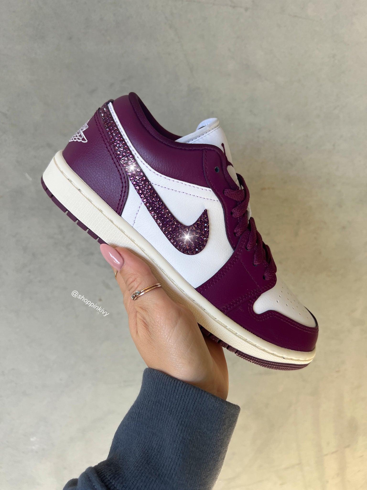 Fall 24 Merlot Swarovski Women s Air Jordan Retro 1 Low Shoes Women s 6.5 All Four Logos