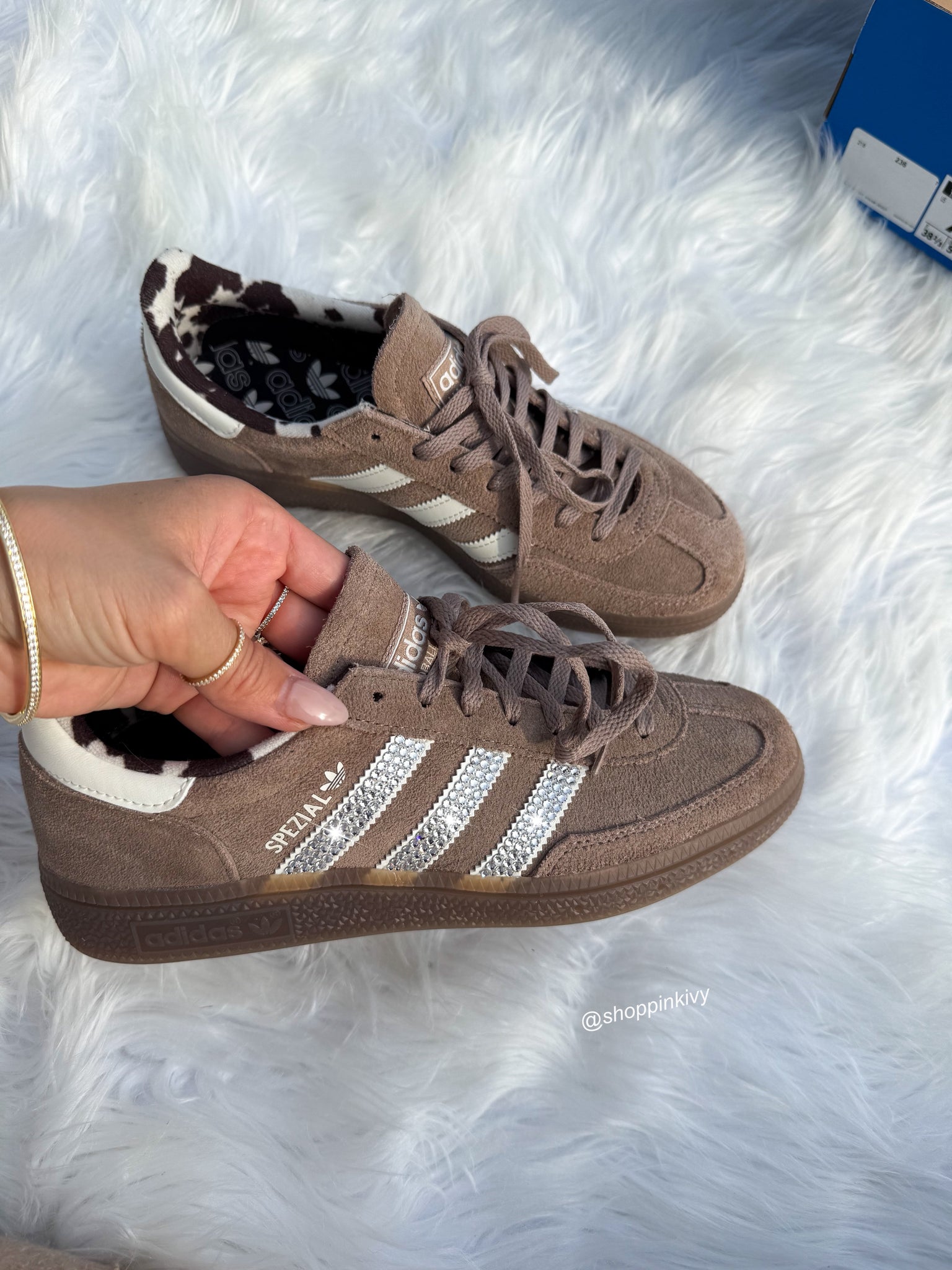 Taupe Cow Print Swarovski Adidas Original Spezial Shoes
