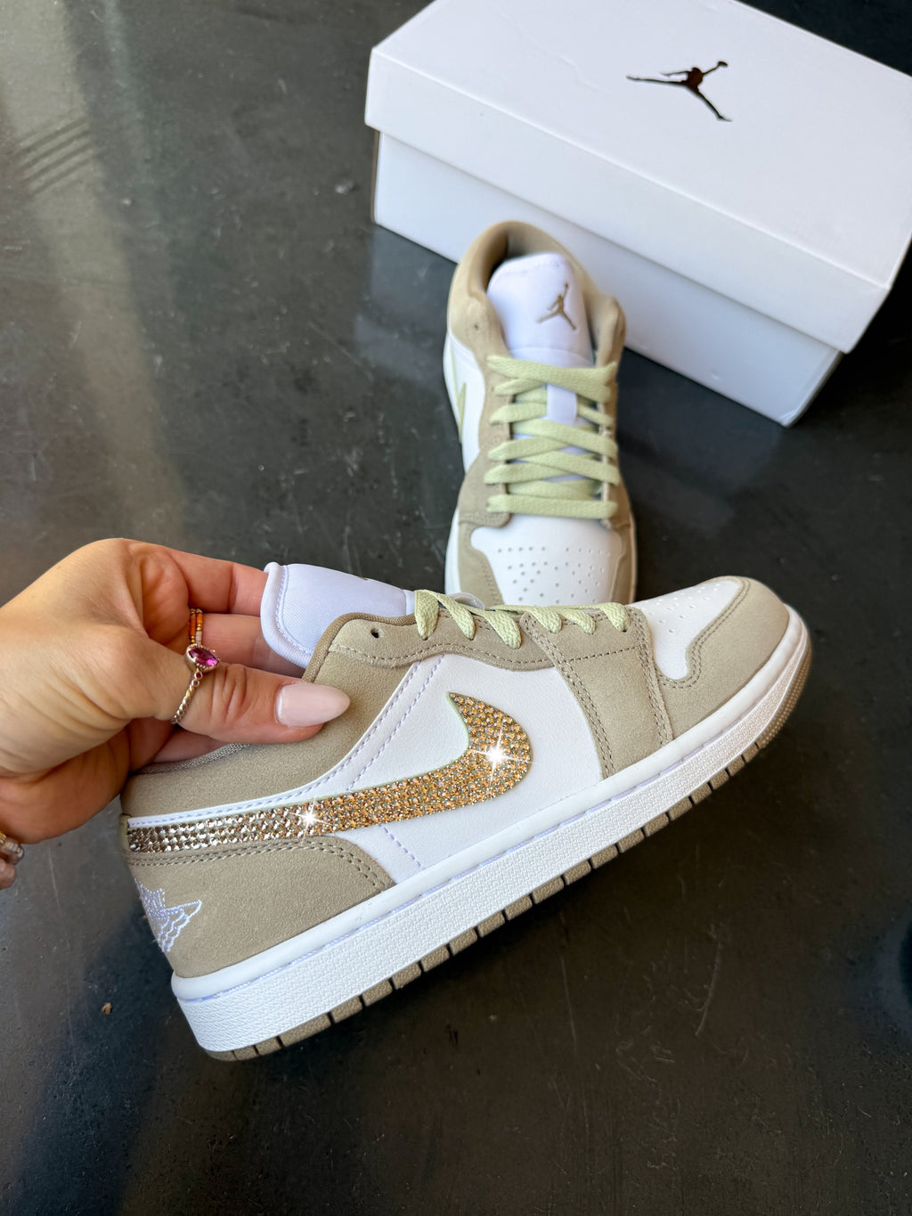 NEW Fall Khaki Gold Swarovski Women’s Air Jordan 1 Low Shoes