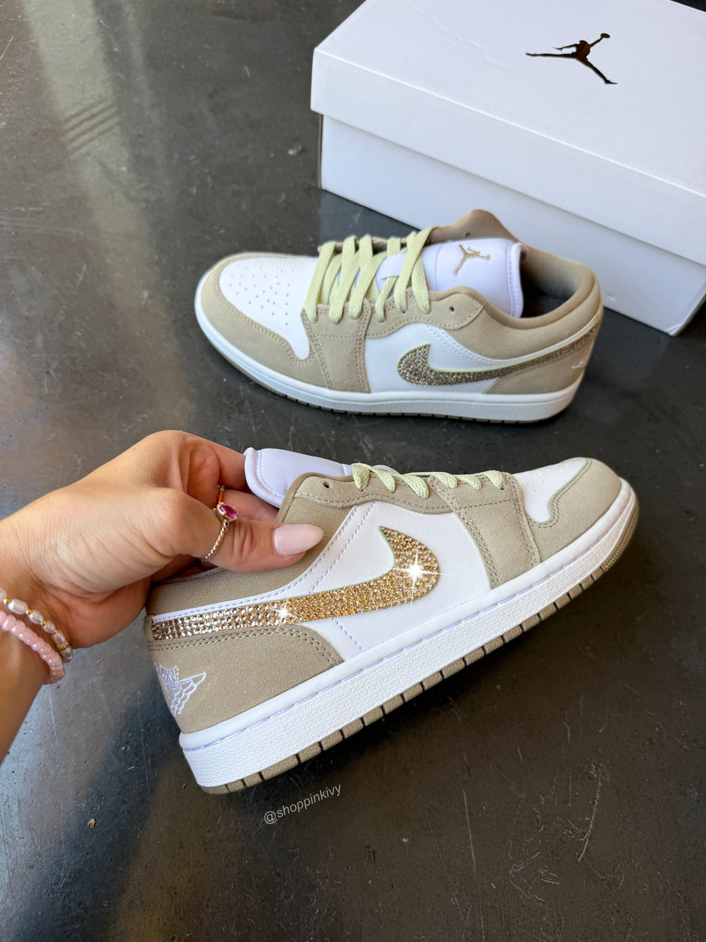 NEW Fall Khaki Gold Swarovski Women’s Air Jordan 1 Low Shoes