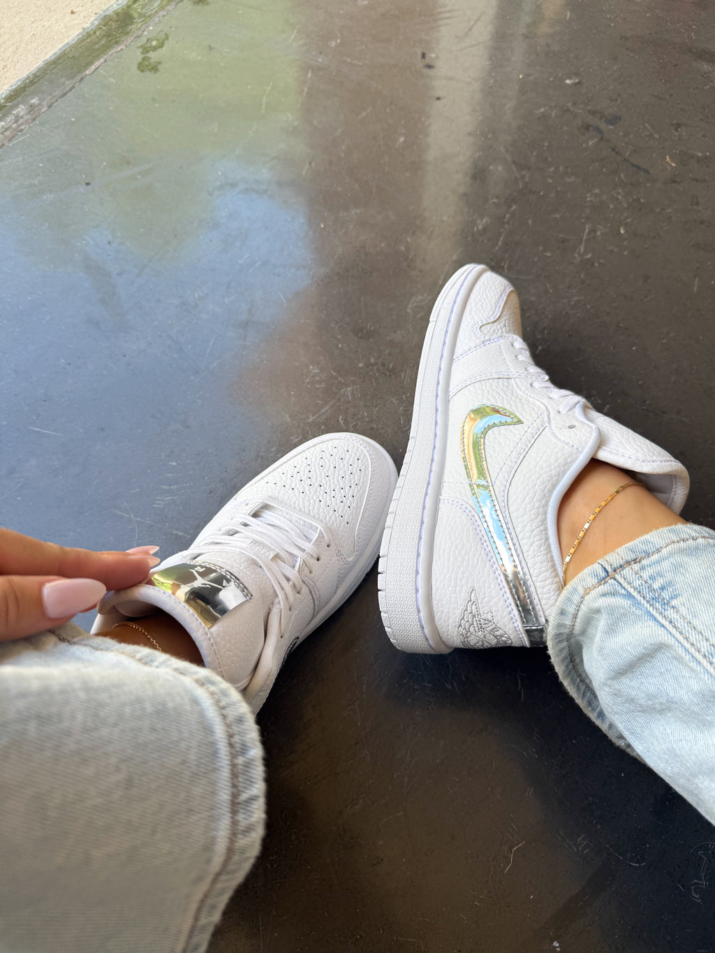 White Metallic Swarovski Women’s Air Jordan 1 Low Shoes