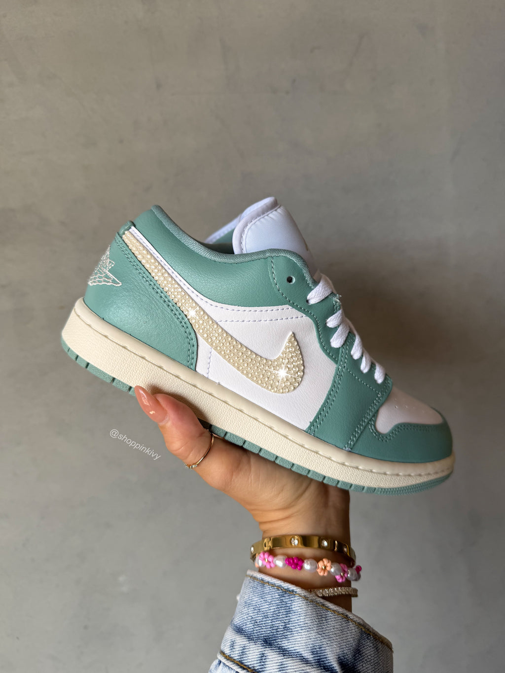NEW Sage Linen Swarovski Women’s Air Jordan Retro 1 Low Shoes
