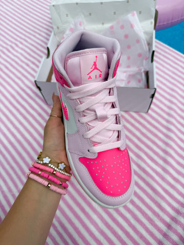 SIZE 7 Bubblegum Barbie Pink Denim Swarovski Women’s Air Jordan 1 Mid Shoes