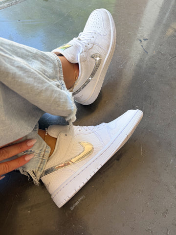White Metallic Swarovski Women’s Air Jordan 1 Low Shoes