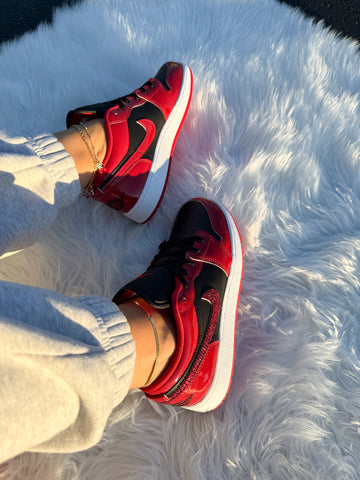 ✨NEW✨Patent🍒Cherry Red Swarovski Women’s Air Jordan 1 Low Shoes