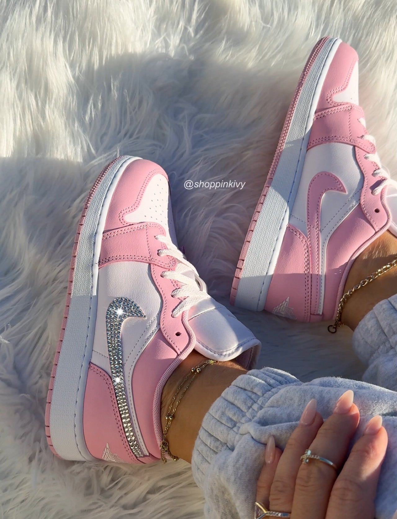 NEW Pink and White Swarovski Women’s Air Jordan 1 Low Shoes