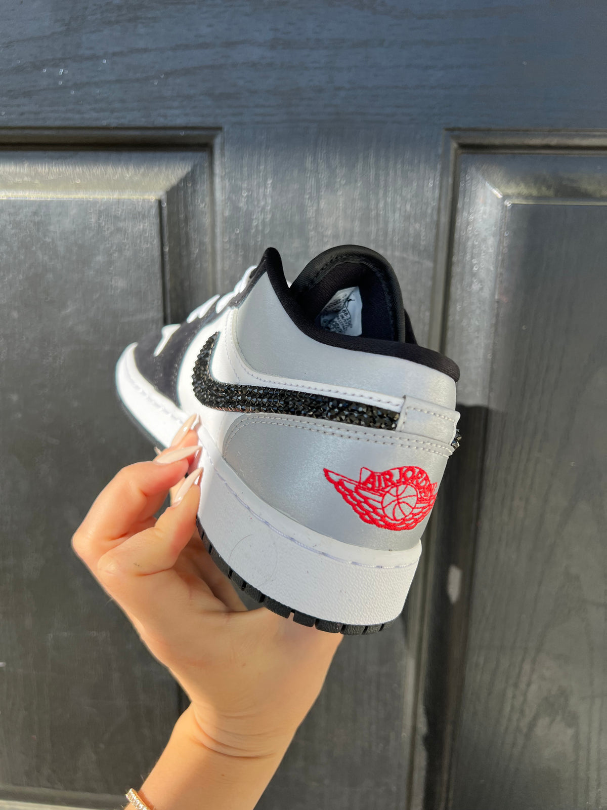 White Black Metallic Swarovski Women’s Air Jordan 1 Low Shoes