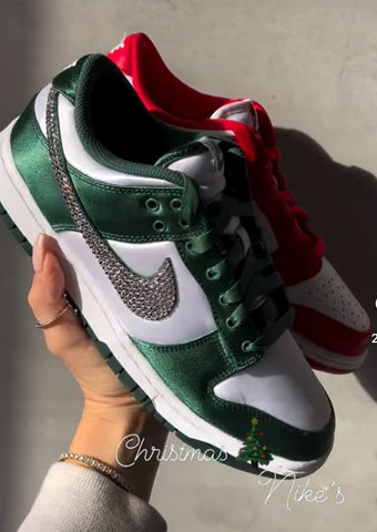 Rare Green Satin Swarovski Womens Nike Dunk Shoes Christmas