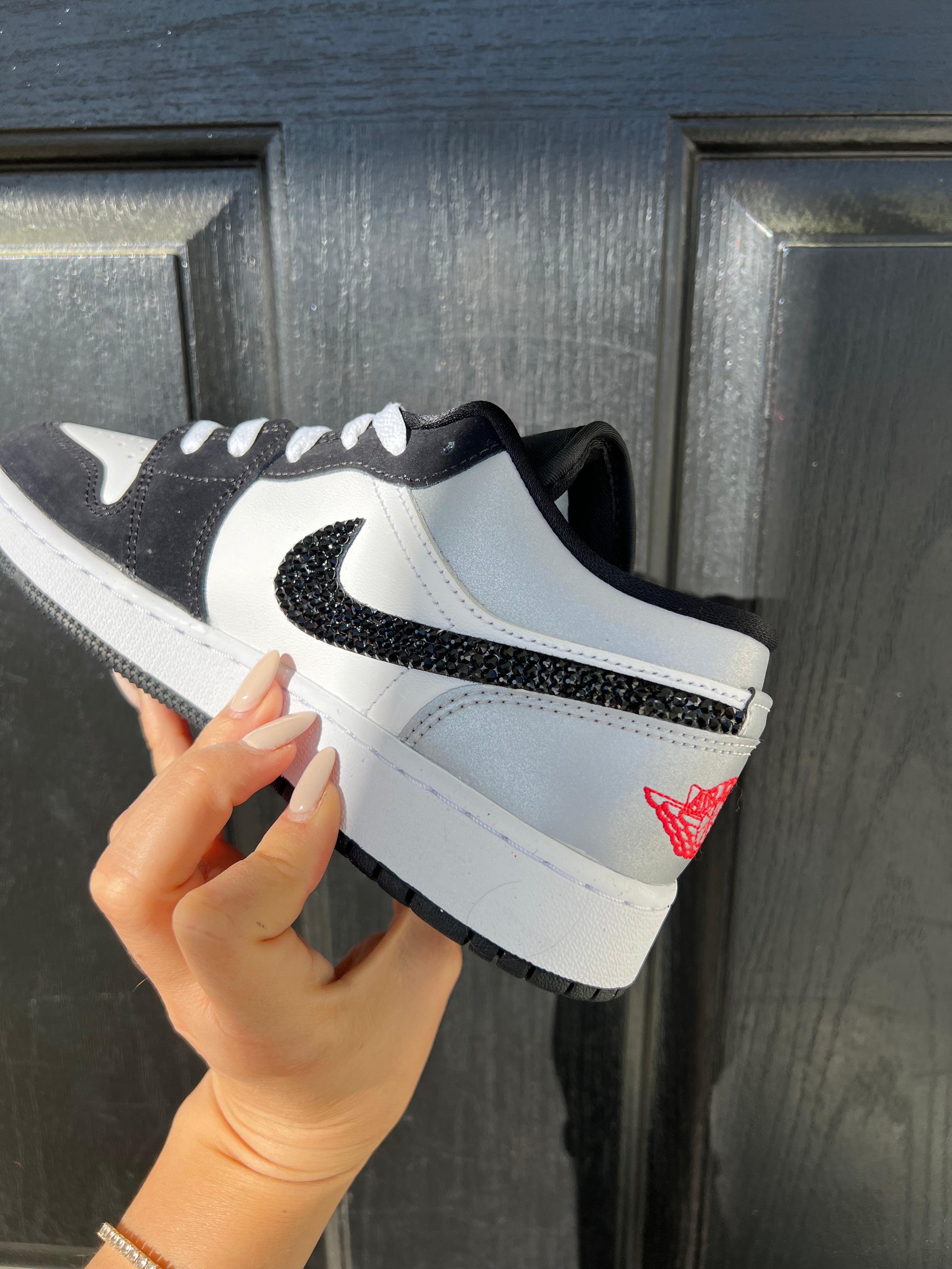 White Black Metallic Swarovski Women’s Air Jordan 1 Low Shoes
