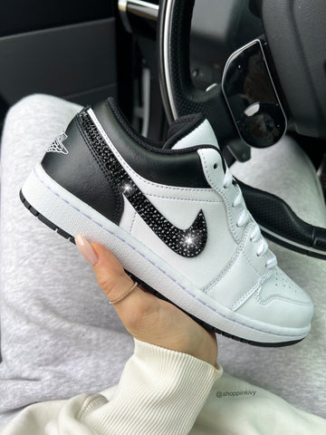 White and Black Swarovski Women’s Air Jordan 1 Low Shoes
