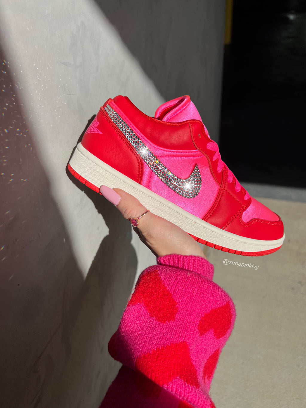 Red Pink Satin Swarovski Women’s Air Jordan 1 Low Shoes