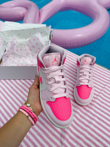 SIZE 7 Bubblegum Barbie Pink Denim Swarovski Women’s Air Jordan 1 Mid Shoes