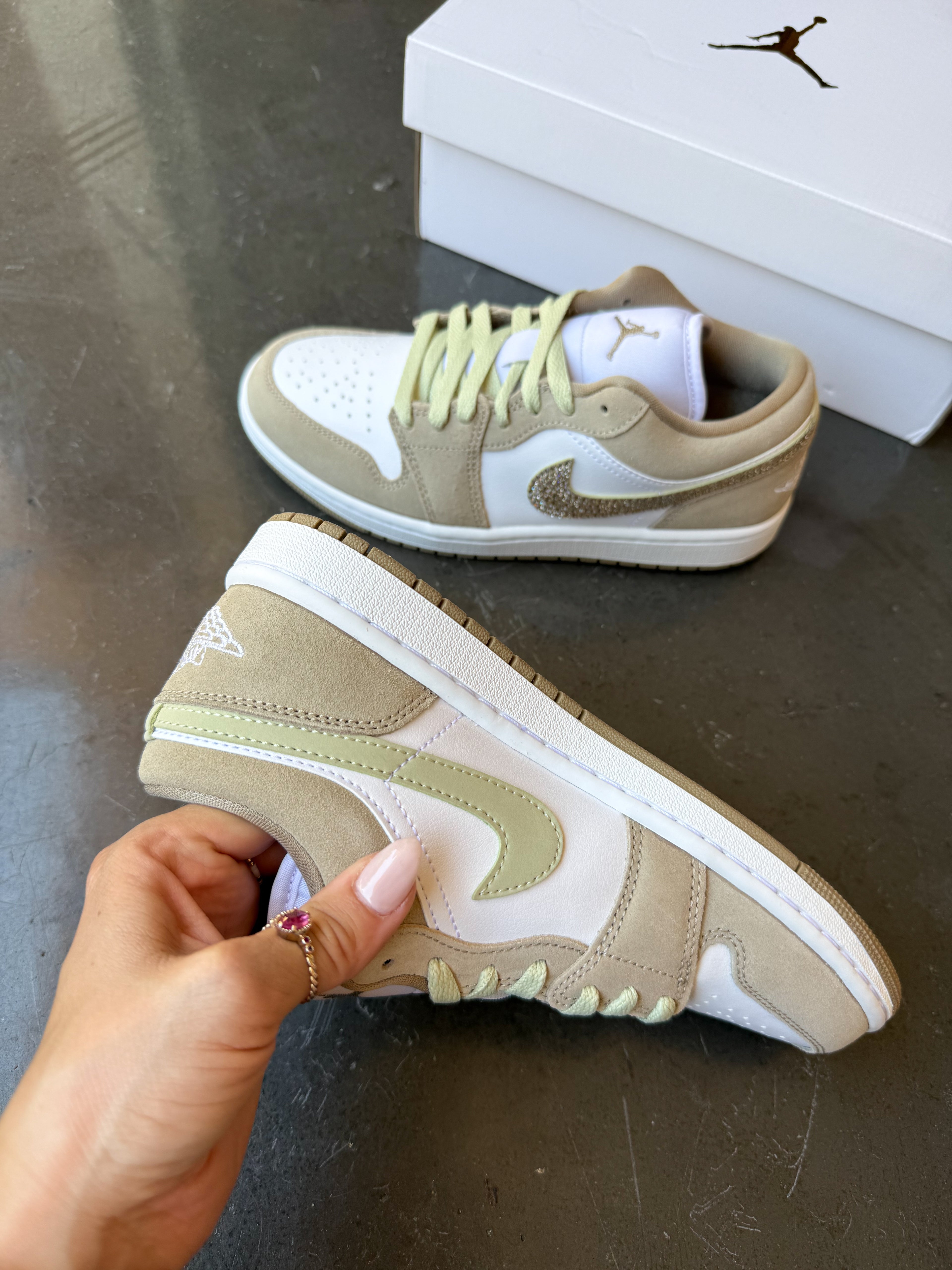 NEW Fall Khaki Gold Swarovski Women’s Air Jordan 1 Low Shoes