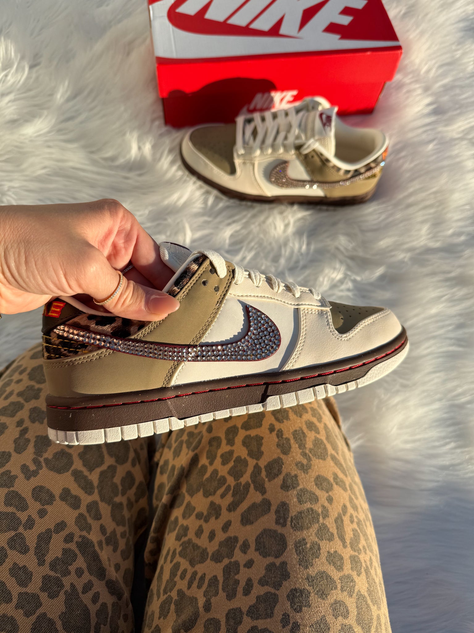 NEW FALL Leopard Khaki Swarovski Womens Nike Dunk Shoes