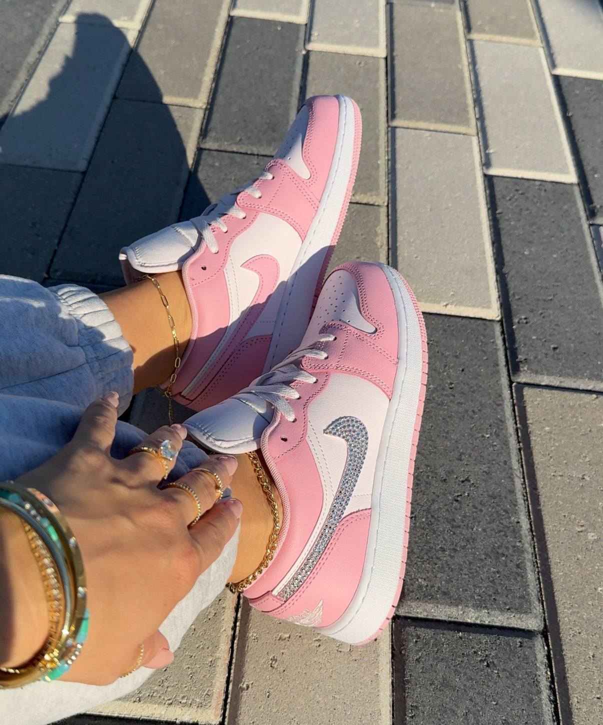 Ballet Pink and White Swarovski Women’s Air Jordan 1 Low Shoes
