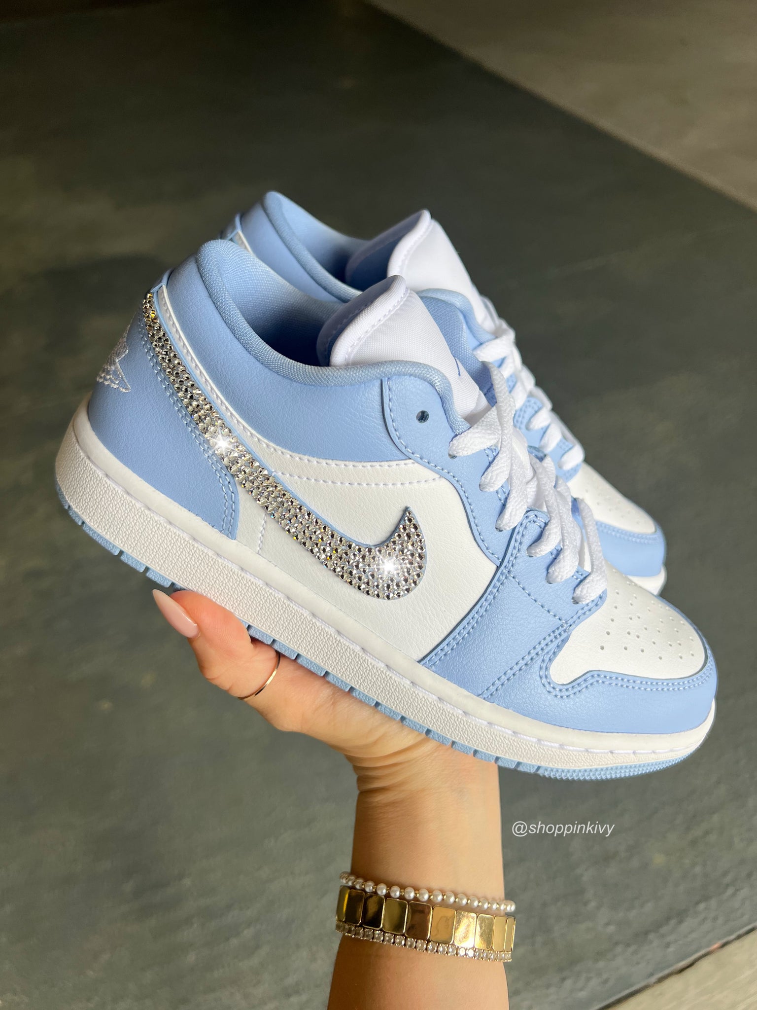 Periwinkle Blue Swarovski Women’s Air Jordan Retro 1 Low Shoes