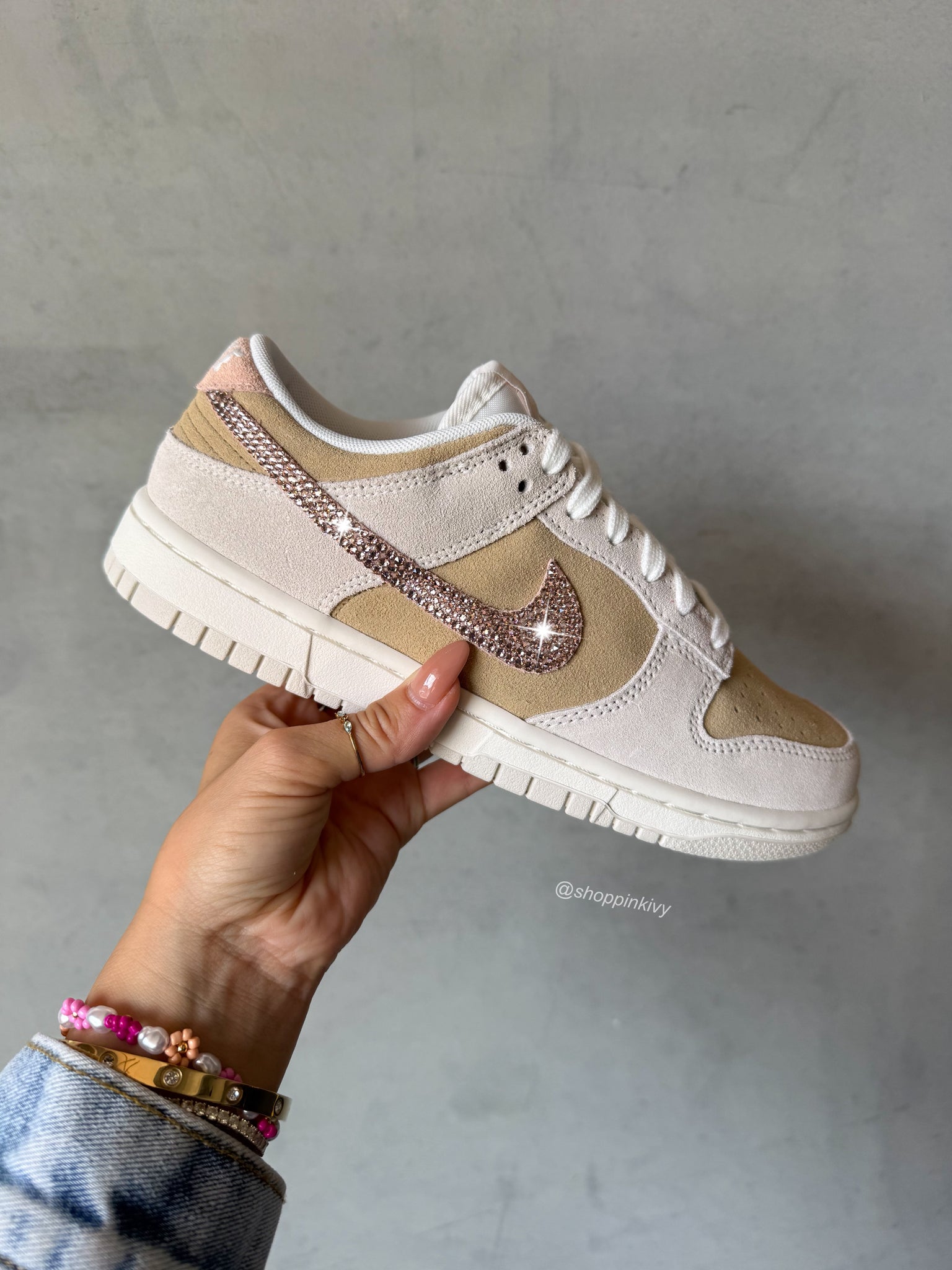 ✨NEW✨ Neutral Sand Pink Swarovski Womens Nike Dunk Shoes