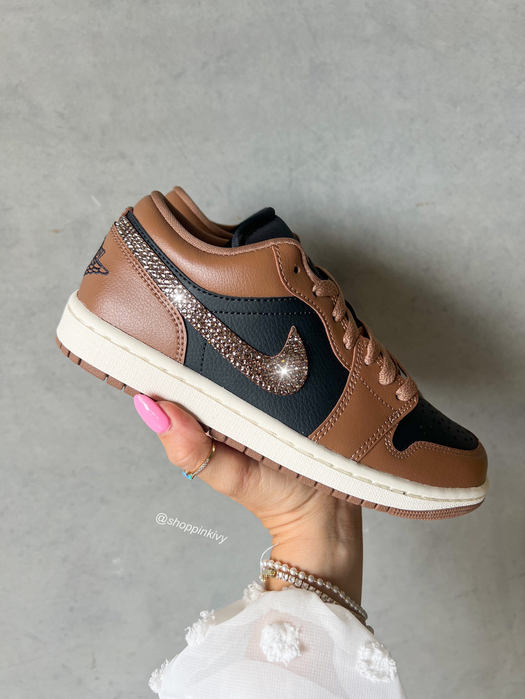 Fall ‘24 Coffee Brown Swarovski Women’s Air Jordan Retro 1 Low Shoes