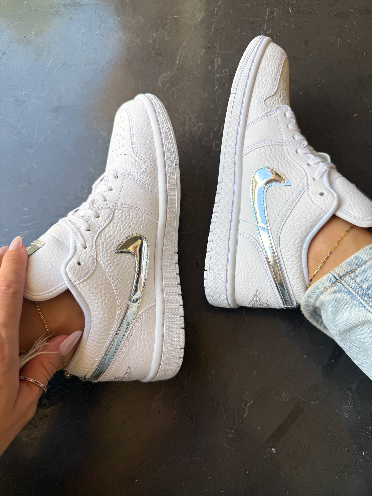 White Metallic Swarovski Women’s Air Jordan 1 Low Shoes