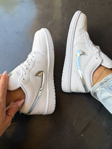 White Metallic Swarovski Women’s Air Jordan 1 Low Shoes