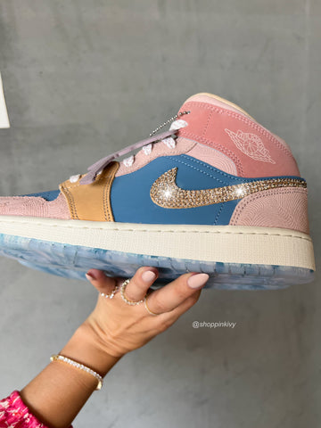 Neutral Pinks Blue Swarovski Air Jordan 1 Mid Shoes