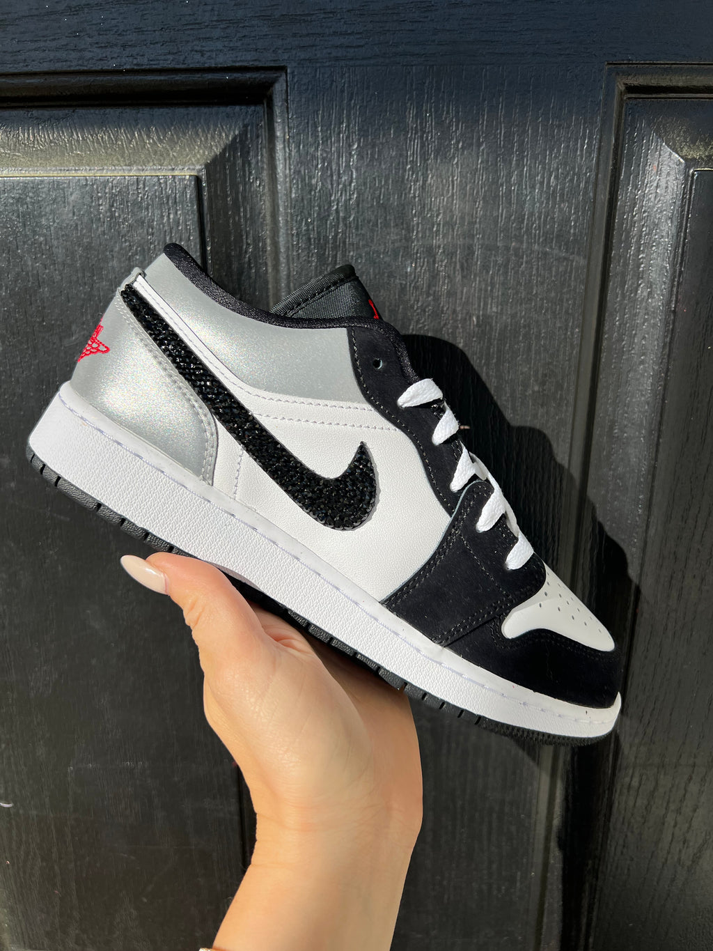 White Black Metallic Swarovski Women’s Air Jordan 1 Low Shoes