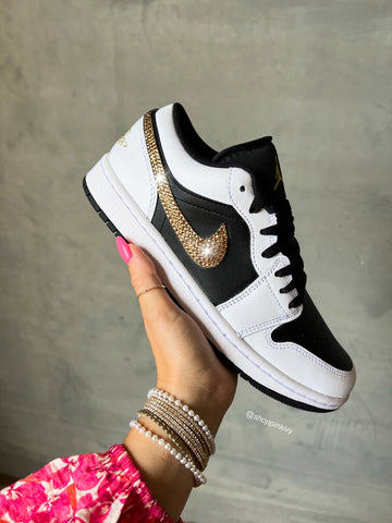 Black White Gold Swarovski Women’s Air Jordan 1 Low Shoes