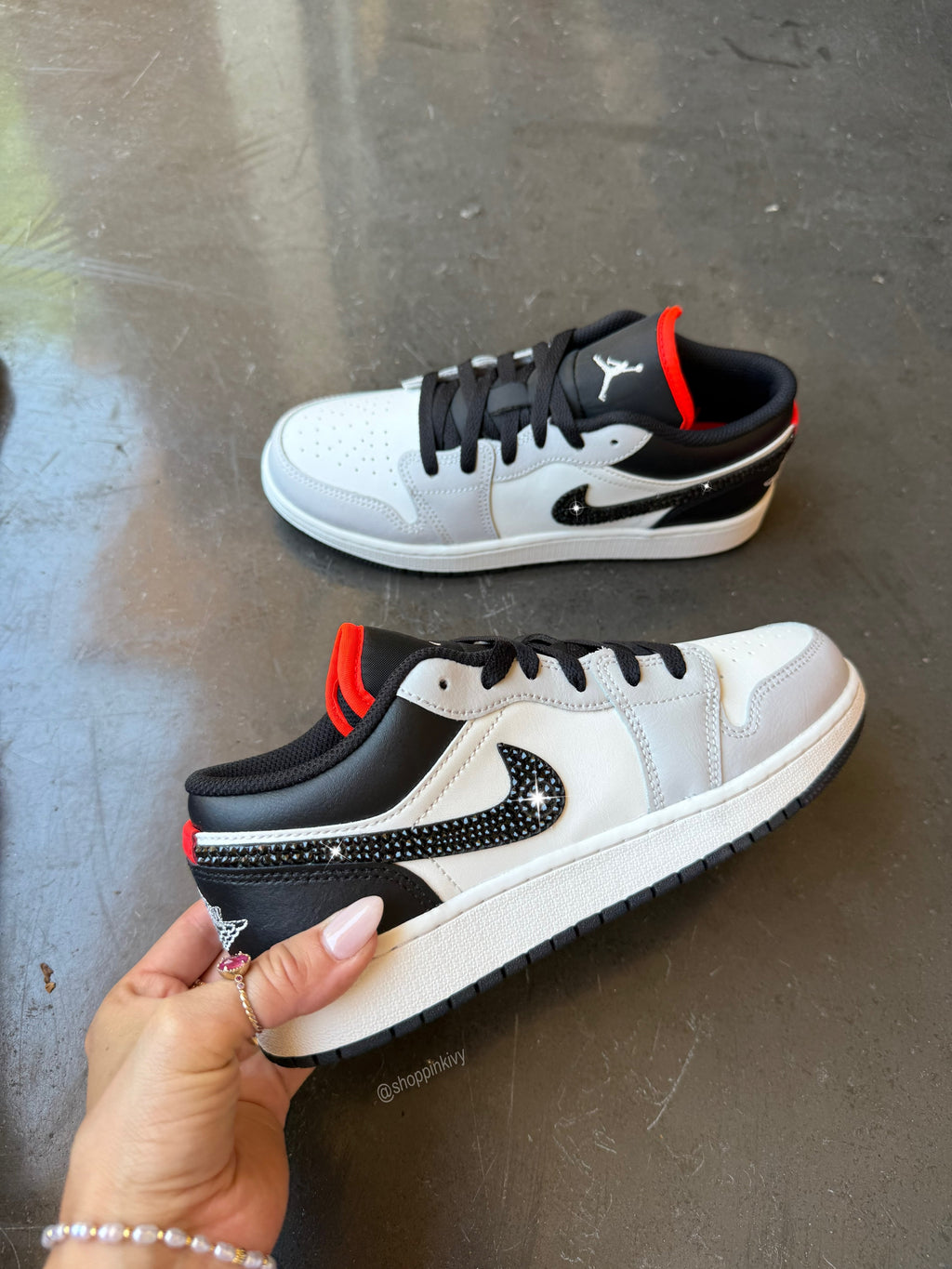 White Black Gray Swarovski Women’s Air Jordan 1 Low Shoes