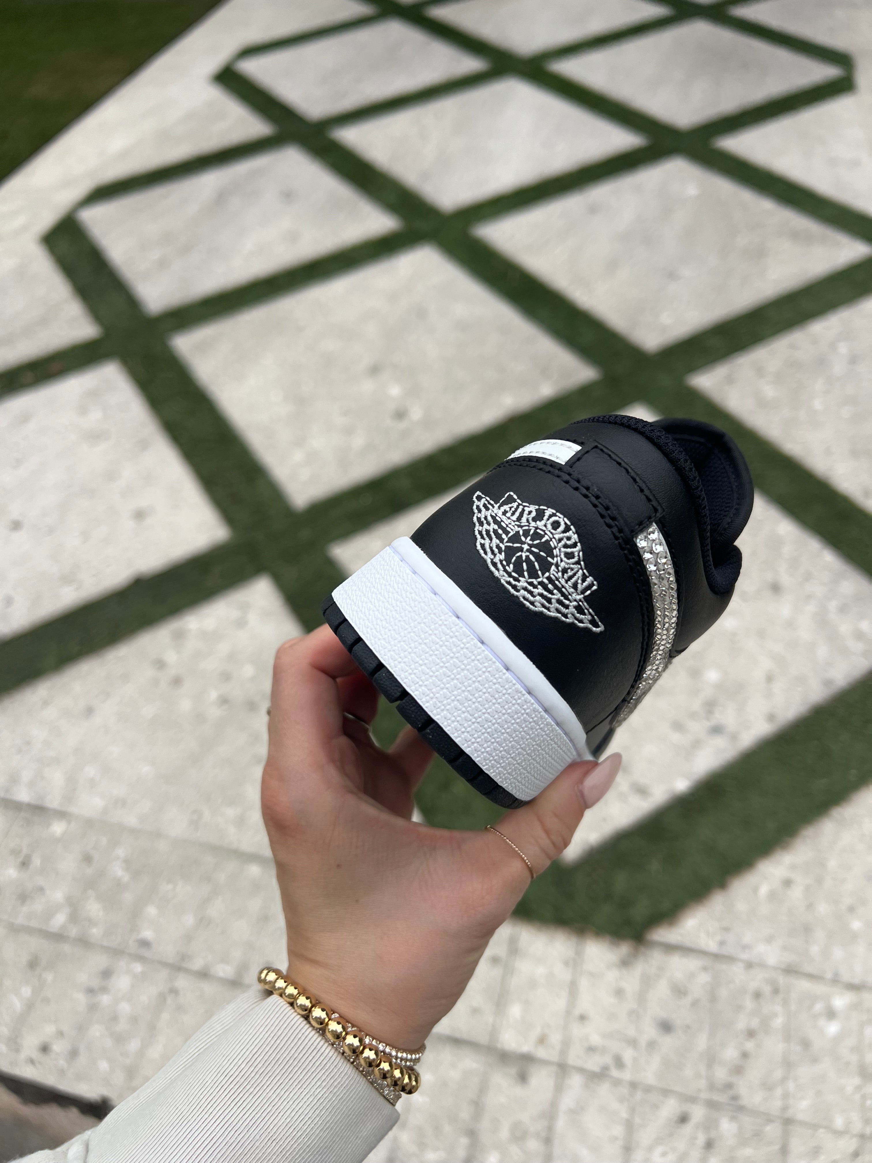 White and Black Swarovski Women’s Air Jordan 1 Low Shoes