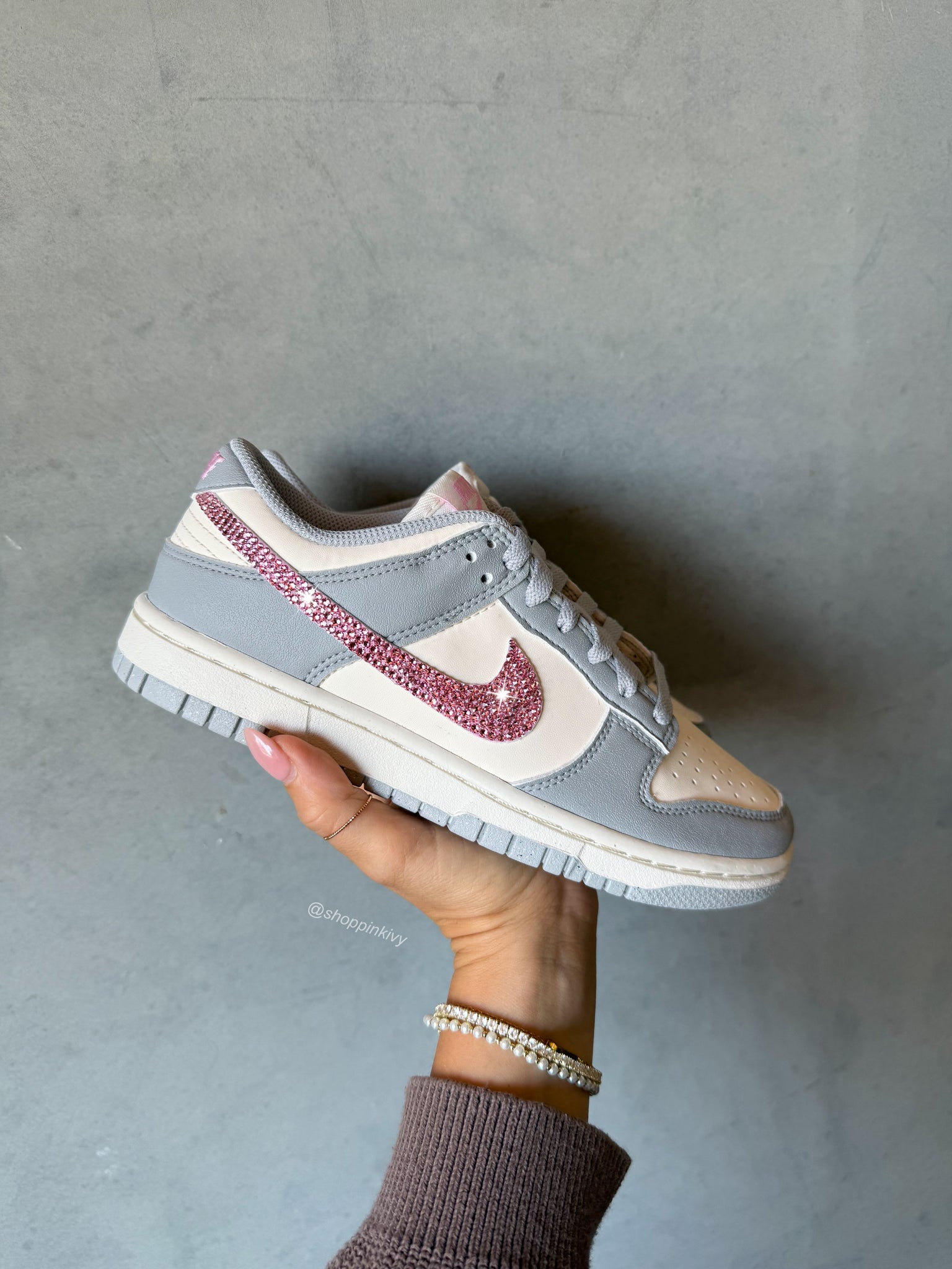 Gray Pink Swarovski Womens Nike Dunk Shoes – Pink Ivy