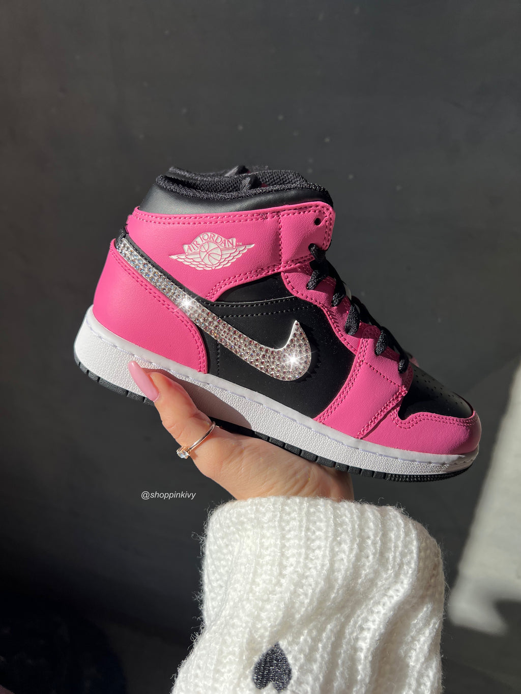Pink and Black Swarovski Women’s Air Jordan 1 Mid Shoesl