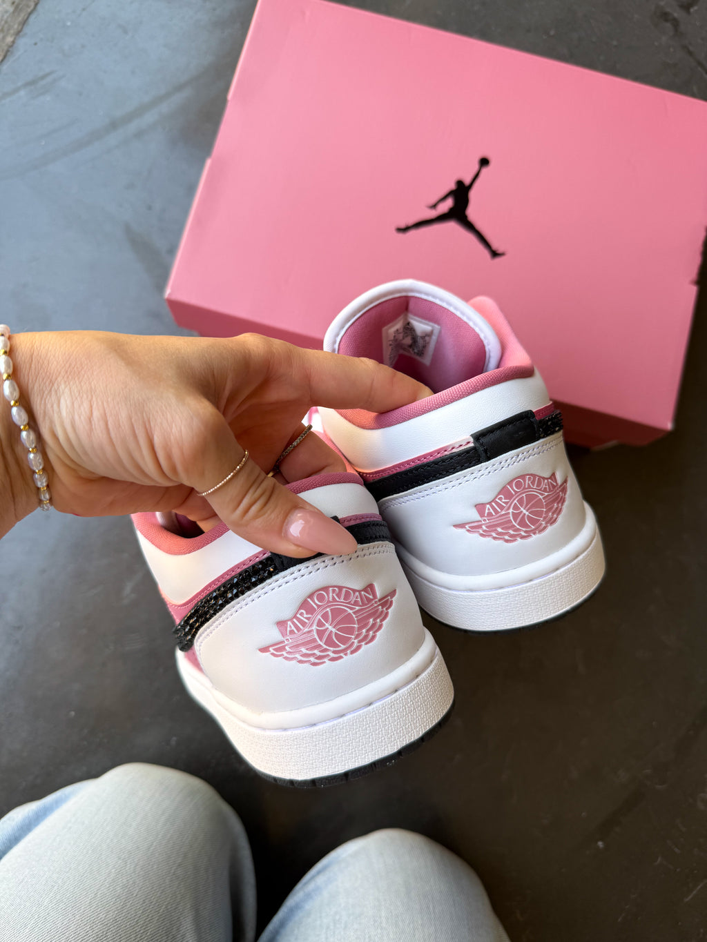 New Pink Black Swarovski Women’s Air Jordan 1 Low Shoes