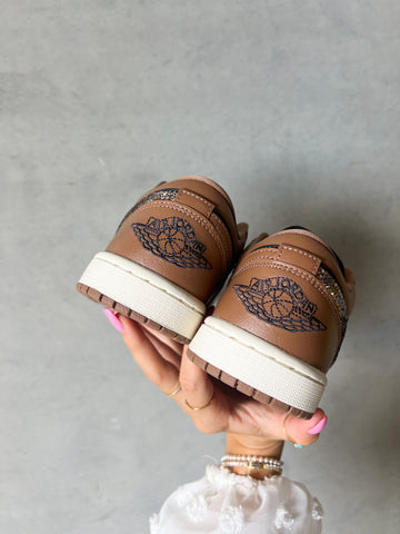 Fall ‘24 Coffee Brown Swarovski Women’s Air Jordan Retro 1 Low Shoes