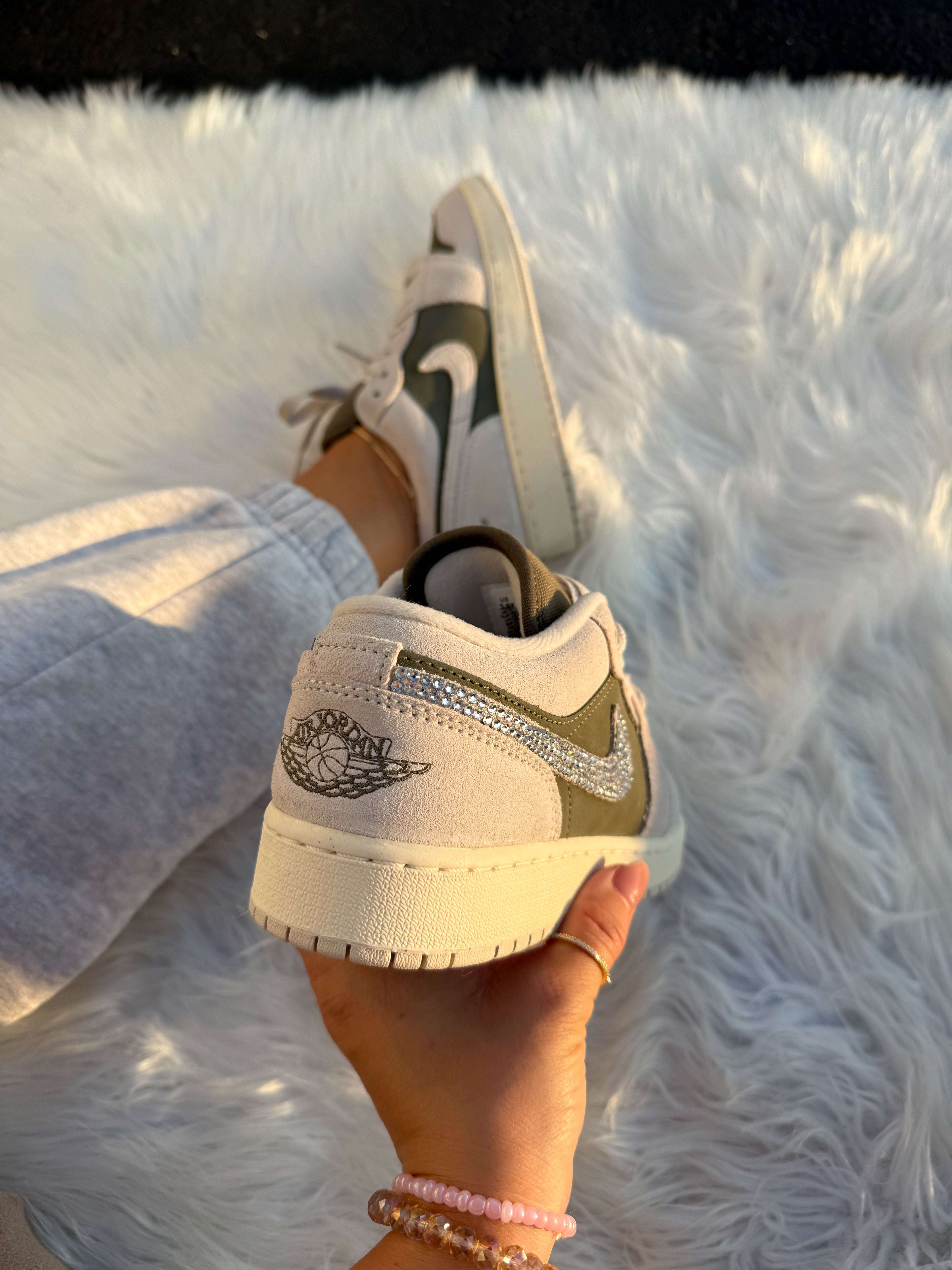 Army Green Swarovski Women’s Air Jordan 1 Low Shoes