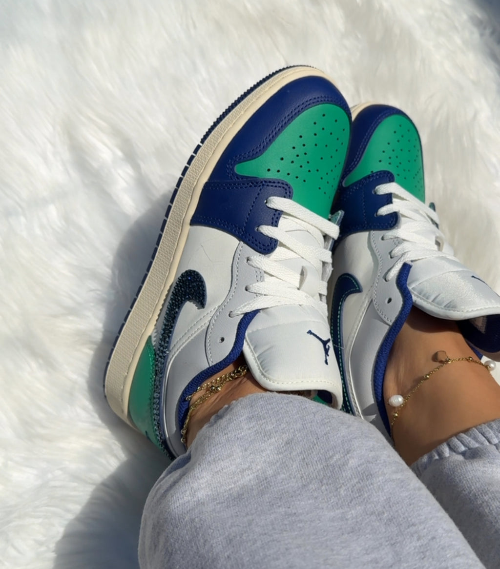 NEW Blue & Green Swarovski Women’s Air Jordan 1 Low Shoes