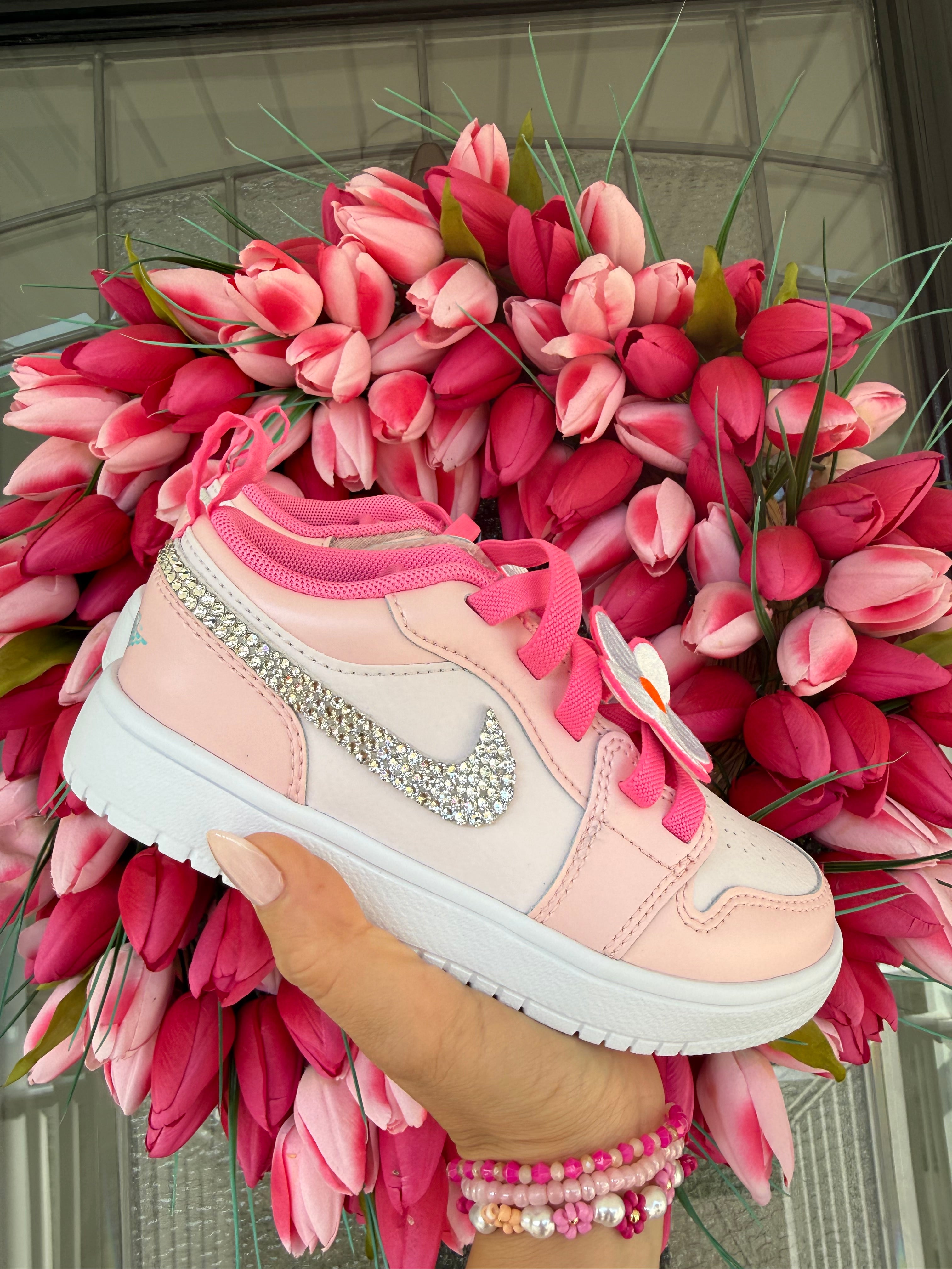 Pink Floral Swarovski Air Jordan 1 Low Shoes