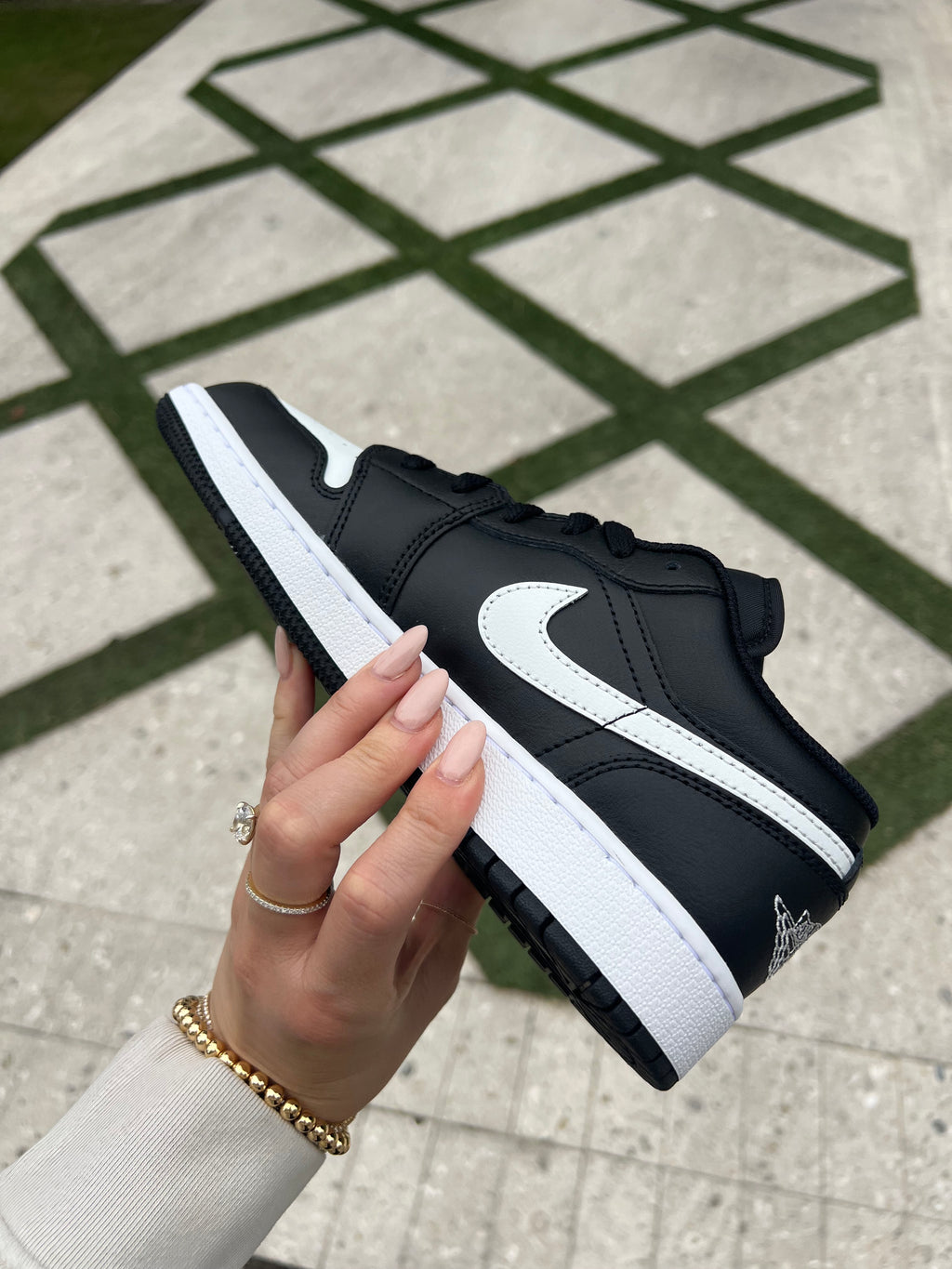 White and Black Swarovski Women’s Air Jordan 1 Low Shoes