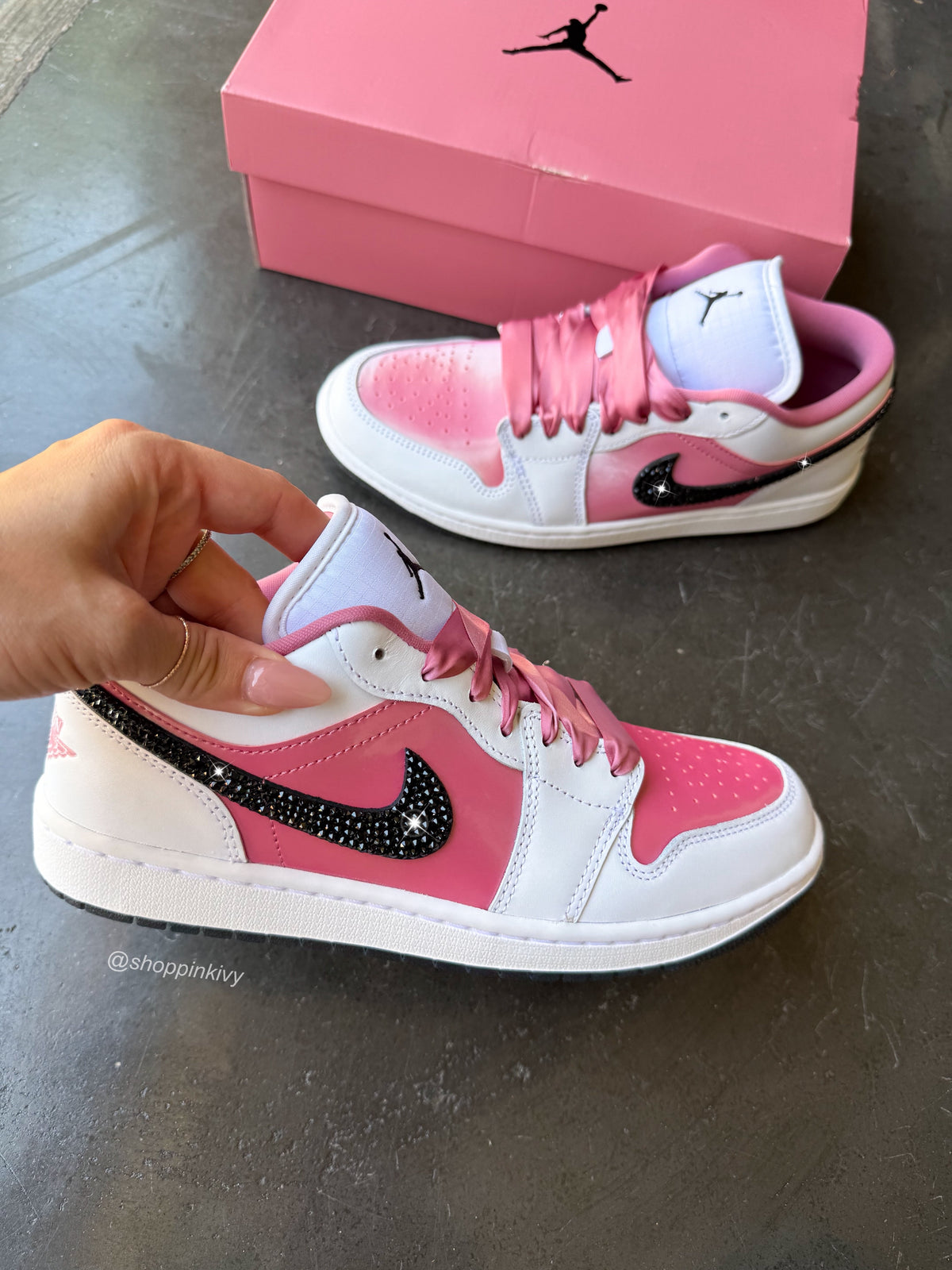 New Pink Black Swarovski Women’s Air Jordan 1 Low Shoes
