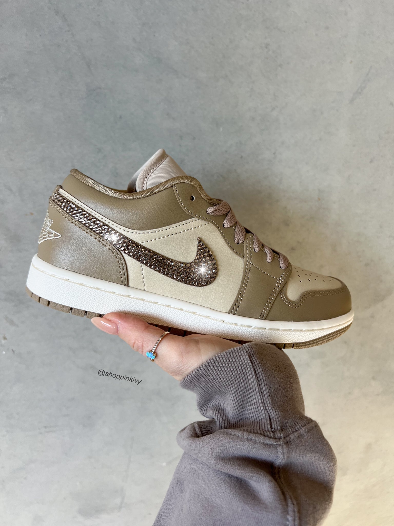 Taupe Swarovski Women’s Air Jordan Retro 1 Low Shoes